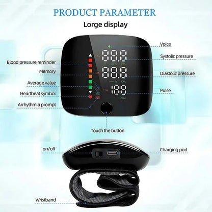 Wrist Blood Pressure Monitor Rechargeable with Voice Alerts LCD Display Portable Health Tracker Dual User Memory 99 Reading Storage