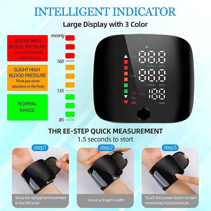 Wrist Blood Pressure Monitor Rechargeable with Voice Alerts LCD Display Portable Health Tracker Dual User Memory 99 Reading Storage