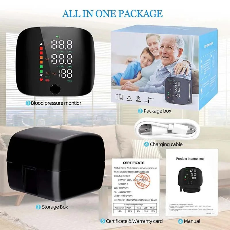 Wrist Blood Pressure Monitor Rechargeable with Voice Alerts LCD Display Portable Health Tracker Dual User Memory 99 Reading Storage