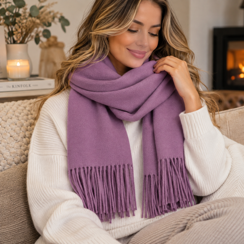 Soft Cashmere Scarf with Fringe – Elegant Wrap for Fall & Winter Cold Weather