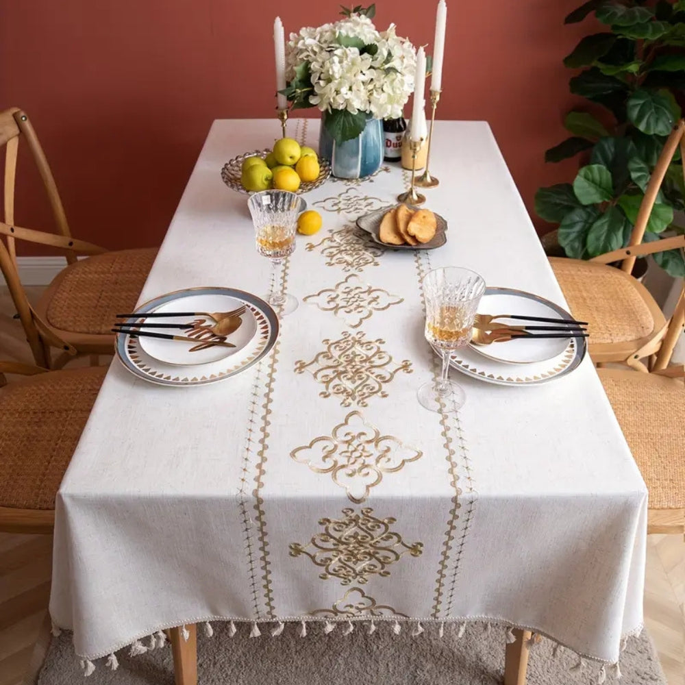 Sorella Embroidered Tablecloth - Microfiber-Linen Blend, Elegant Design