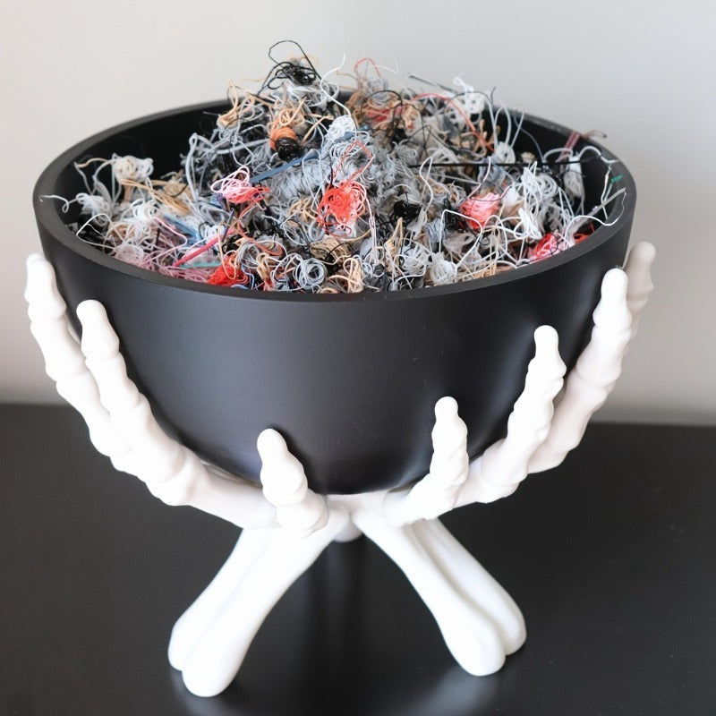 Spooktacular Halloween Candy Bowl - Matte Black Plastic with Detachable Skeleton Hands