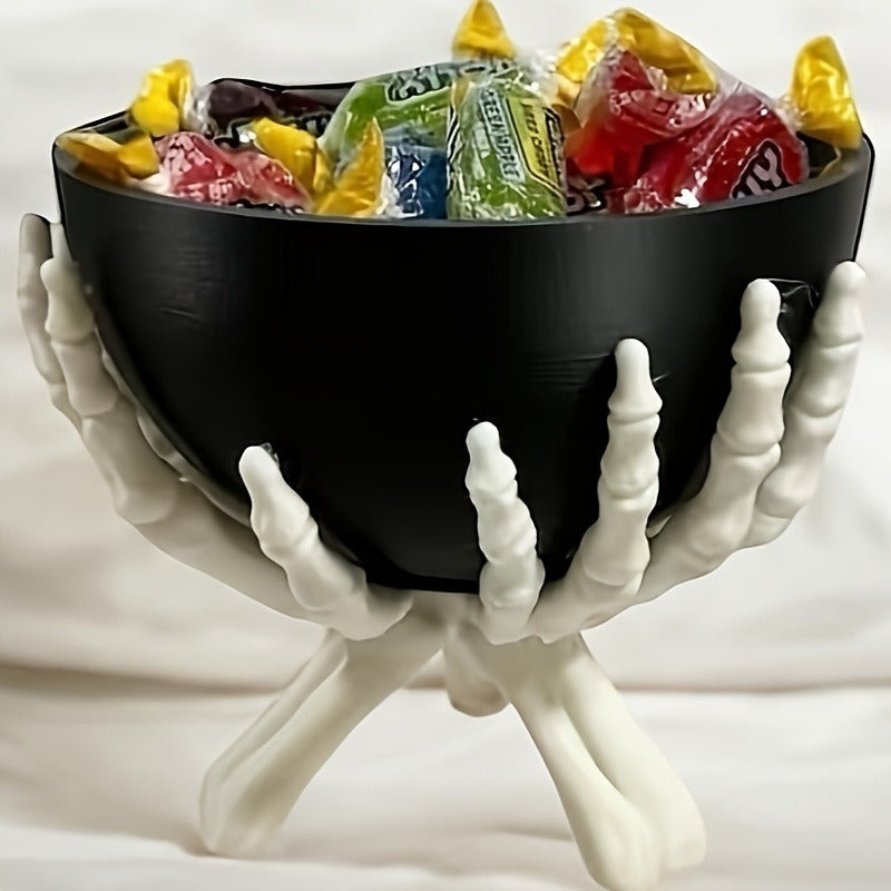 Spooktacular Halloween Candy Bowl - Matte Black Plastic with Detachable Skeleton Hands