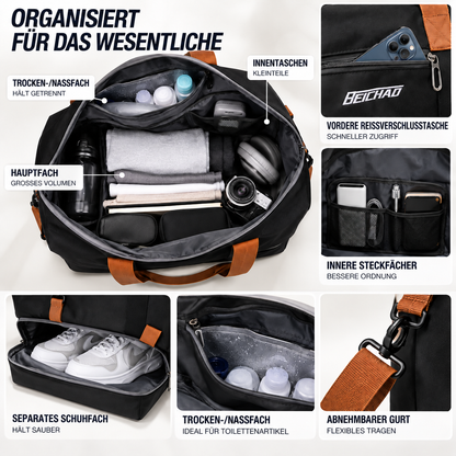 Weekend Duffel Bag with Shoe Compartment & Wet-Dry Separation for Gym Travel