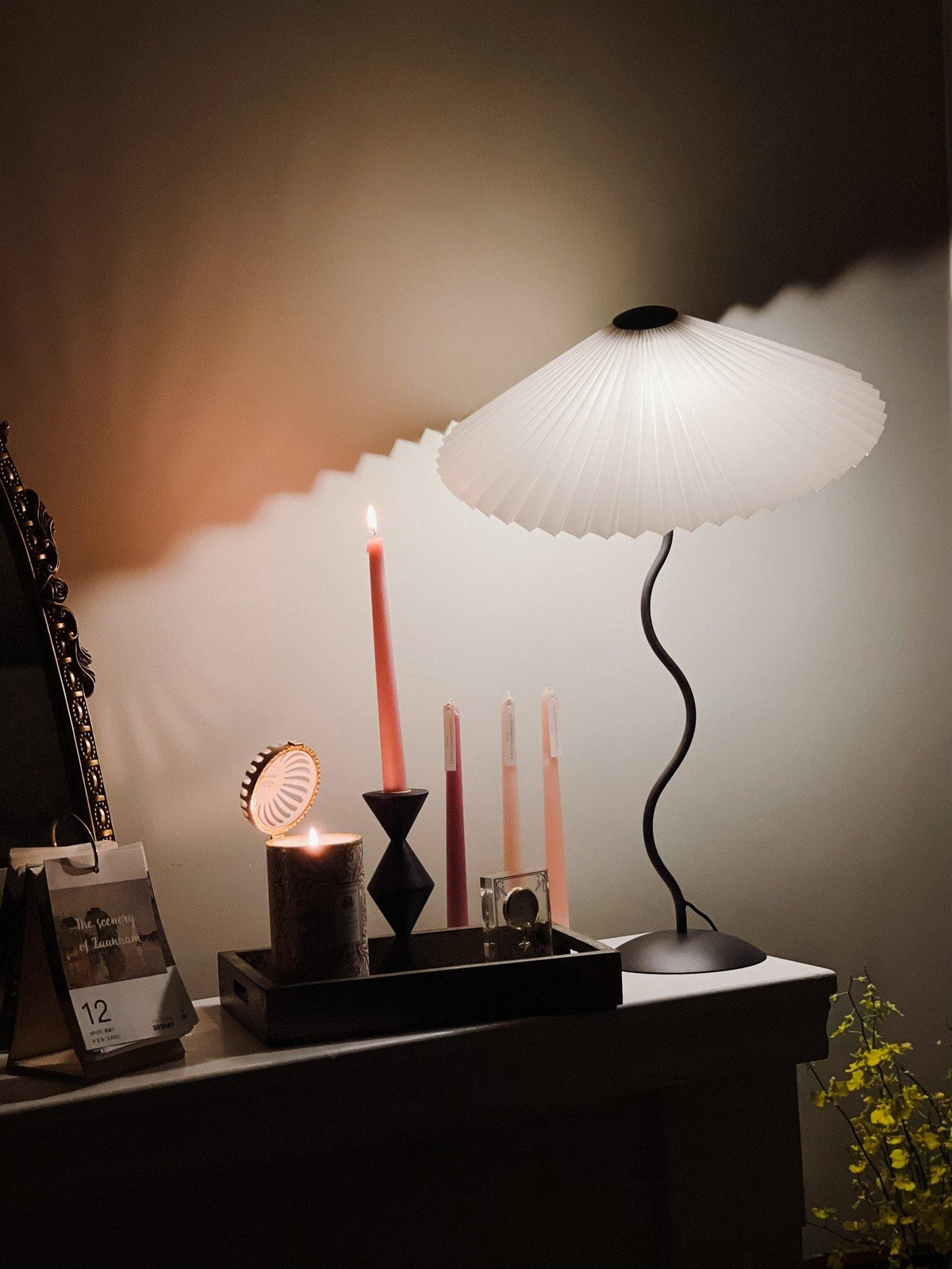 Sculptural Desk Lamp with Gathered Shade & Arc Base 17-inch Beige White Green Black Nightstand Light for Bedroom Living Room Accent