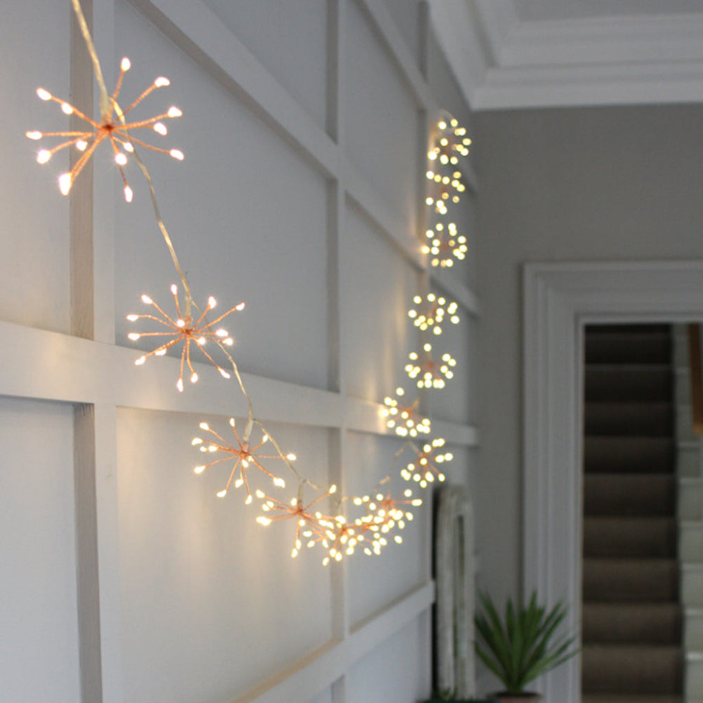 Copper Starburst Fairy String Lights Warm White LED Indoor Outdoor Hanging Décor for Living Room Patio Party Wedding Battery Powered Plug-In