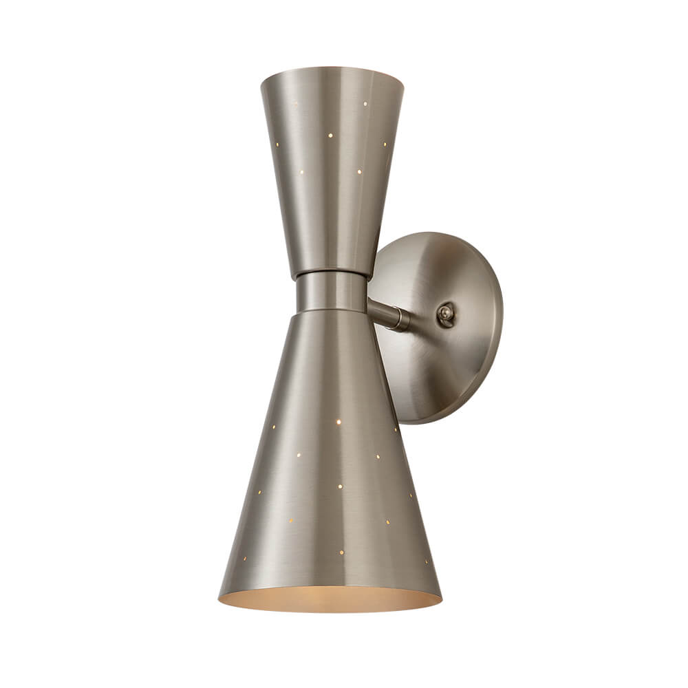 Perforated Metal Wall Light Fixture Dual Cone Sconce Brass Nickel Hardwired Uplight Downlight Bedroom Bathroom Hallway Entryway Ambient