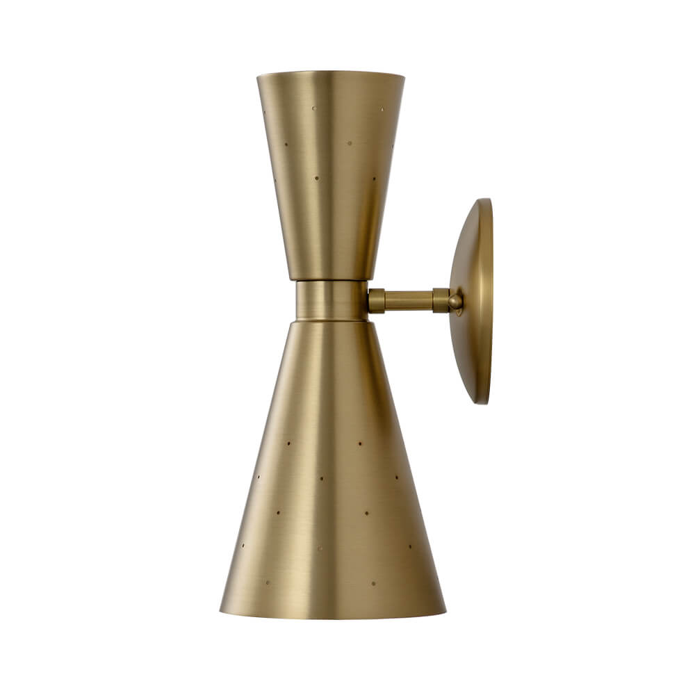 Perforated Metal Wall Light Fixture Dual Cone Sconce Brass Nickel Hardwired Uplight Downlight Bedroom Bathroom Hallway Entryway Ambient