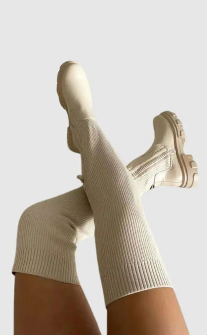 Women's Knee-High Fabric Boots Flexible Knit Upper Slip-On Design Fall Winter Footwear for Casual & Dressy Outfits
