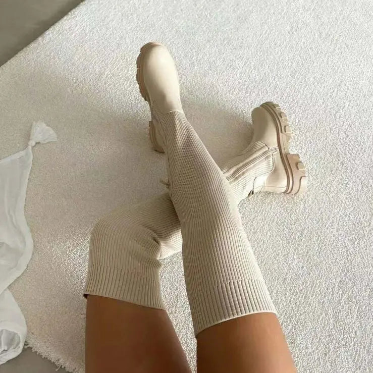 Women's Knee-High Fabric Boots Flexible Knit Upper Slip-On Design Fall Winter Footwear for Casual & Dressy Outfits