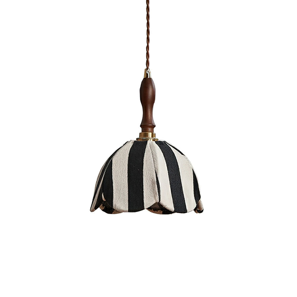 Hanging Ceiling Light with Tulip-Style Striped Shade 7.9 in Diameter Adjustable Wood Accent for Kitchen Dining Room Reading Nook Breakfast A