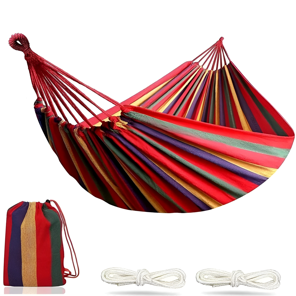 Double Hammock for Patio & Camping – Heavy-Duty Cotton 450 lb Capacity with Carry Bag & Ropes for Backyard Relaxation