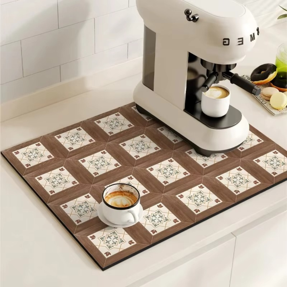 Vintage-Inspired Quick-Dry Kitchen Counter Mat for Coffee Bars, Dish Drying & Sink Areas – Absorbent Non-Slip Rubber Base – Decorative