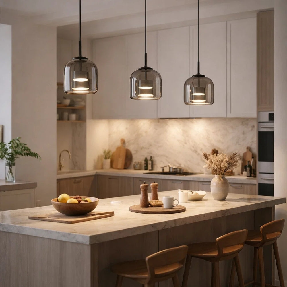 Gradient Glass Drop Ceiling Fixture 13 Inch Smoky Finish Adjustable Cord Height Kitchen Island Dining Area Overhead Illumination Contemporar