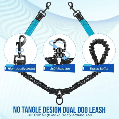 Dual Dog Leash with 360° Swivel and Shock Absorption Feature