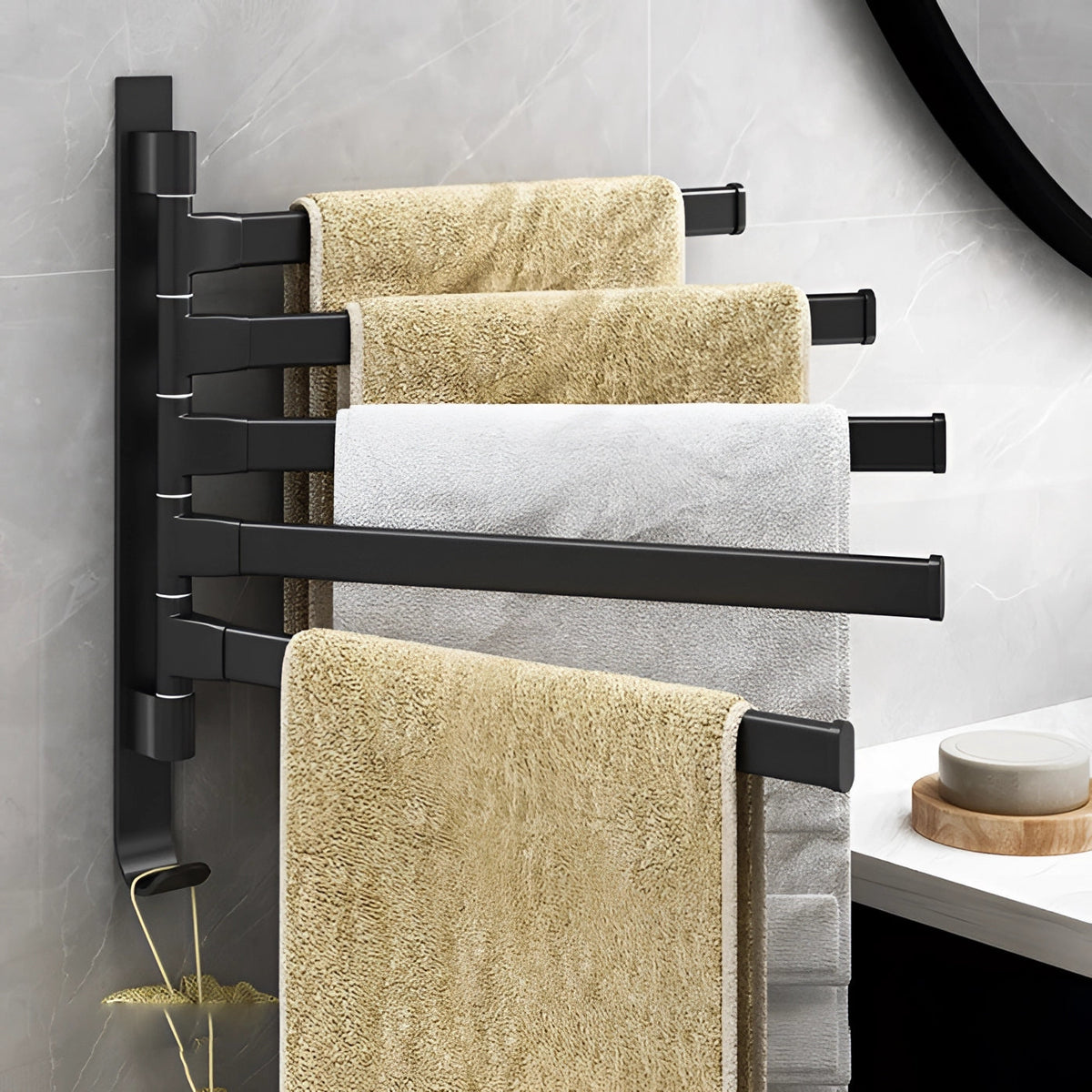 Towelix | Wall-Mounted Black Towel Rack with 5 Swivel Arms | Space-Saving Organizer for Stylish Bathrooms
