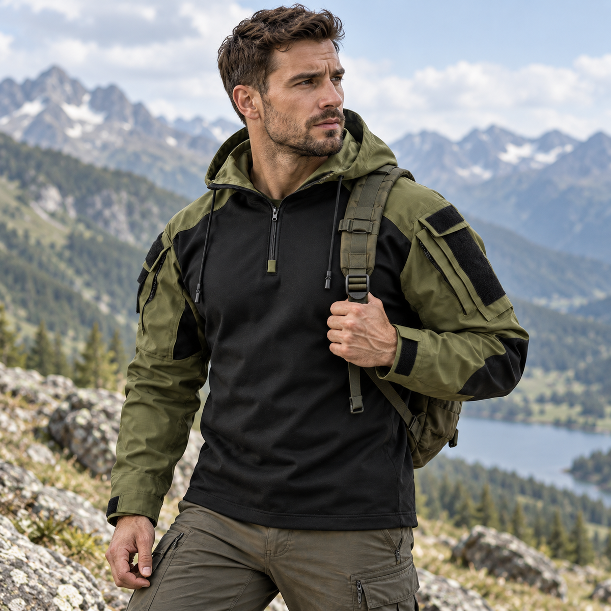 Water-Repellent Windproof Tactical Jacket for Men Outdoor Hiking Camping Everyday Wear Military Style Lightweight Polyester Coat
