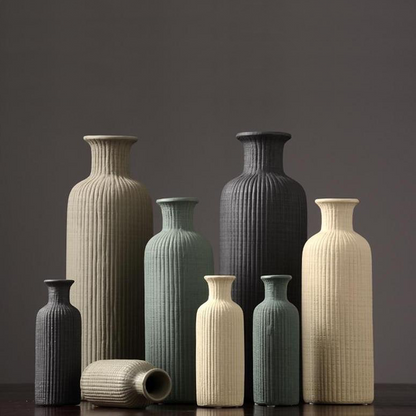 Tall Ceramic Vase with Ribbed Texture in Neutral Colors – Elegant Pottery Home Decor Accent