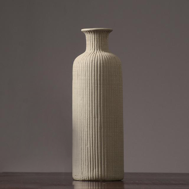 Tall Ceramic Vase with Ribbed Texture in Neutral Colors – Elegant Pottery Home Decor Accent