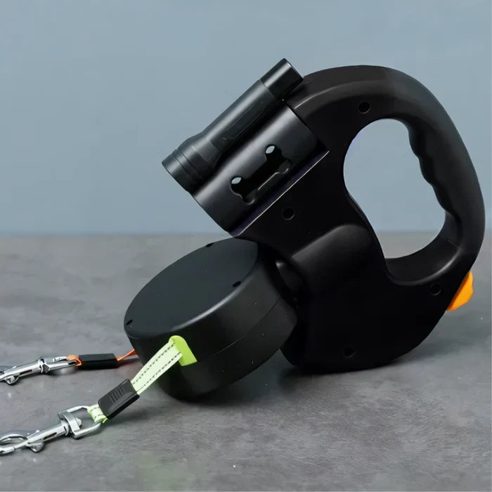 Retractable Double Dog Leash with 360° Swivel, Built-In LED Flashlight & Waste Bag Holder for Walking Two Dogs Up to 66 lbs Each
