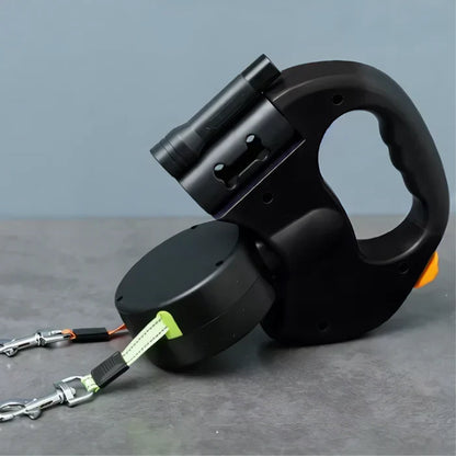 Retractable Double Dog Leash with 360° Swivel, Built-In LED Flashlight & Waste Bag Holder for Walking Two Dogs Up to 66 lbs Each