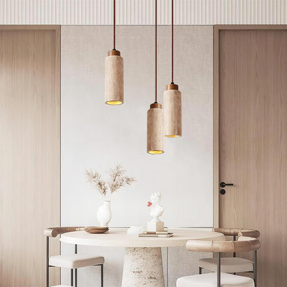 Stone Cylinder Hanging Fixture Natural Wood Accent LED Warm Glow Dining Room Kitchen Island Entryway Ceiling Light 10 inch Neutral Tone Mini