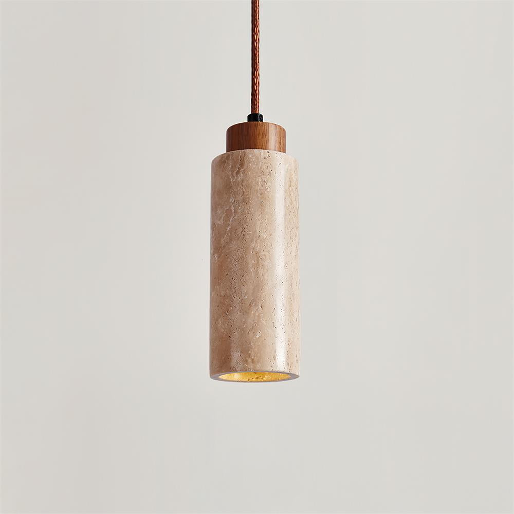 Stone Cylinder Hanging Fixture Natural Wood Accent LED Warm Glow Dining Room Kitchen Island Entryway Ceiling Light 10 inch Neutral Tone Mini