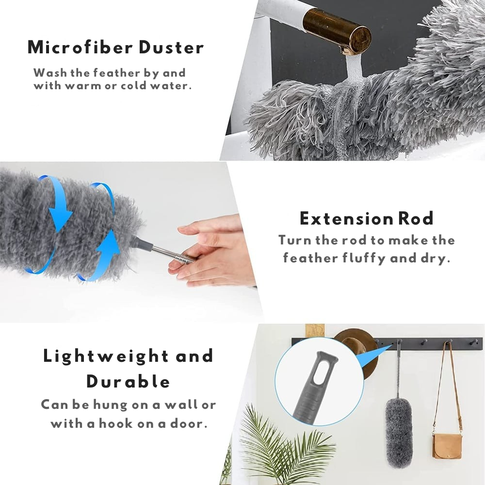 Extendable Microfiber Duster with Telescoping Handle – Bendable Head, Washable, Reaches 8 Feet for Ceiling Fans, High Shelves, Baseboards