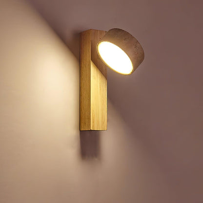 Travertine & Wood Wall Sconce – Modern Stone Shade Fixture with Angled Beam – Warm Sculptural Accent Light for Bedroom Living Room Hallway