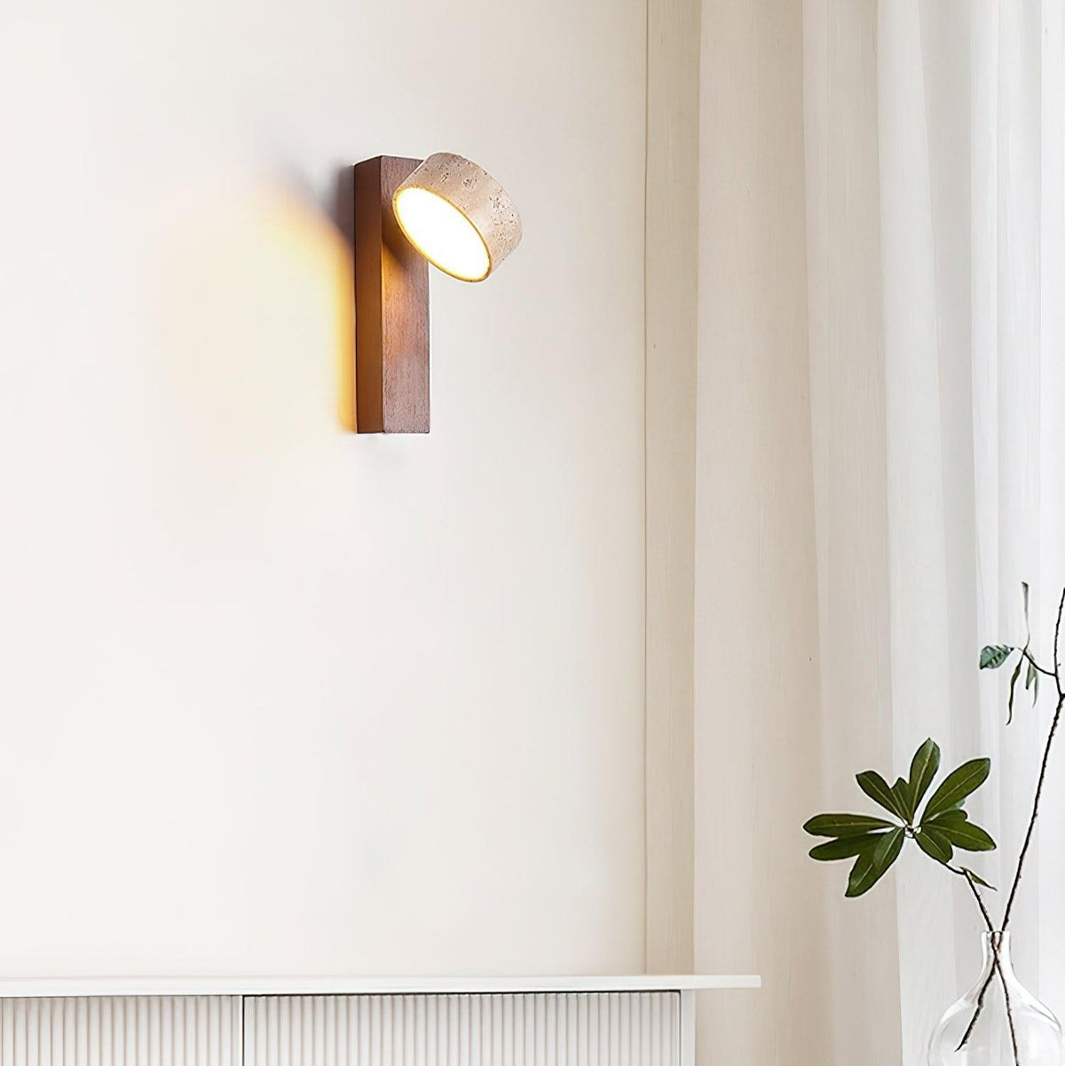 Travertine & Wood Wall Sconce – Modern Stone Shade Fixture with Angled Beam – Warm Sculptural Accent Light for Bedroom Living Room Hallway