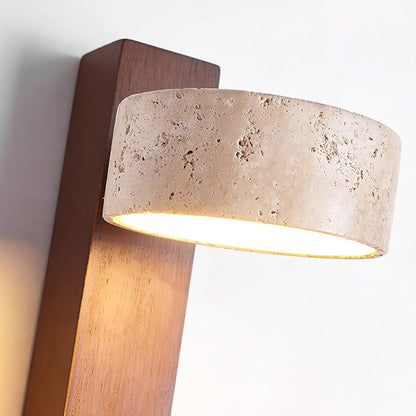 Travertine & Wood Wall Sconce – Modern Stone Shade Fixture with Angled Beam – Warm Sculptural Accent Light for Bedroom Living Room Hallway