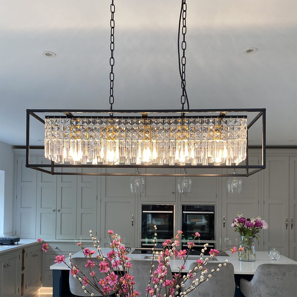 Linear Five-Light Hanging Fixture Black Metal Crystal Glass 35 inch for Kitchen Island Dining Room Table Adjustable Drop Ceiling Lamp Modern