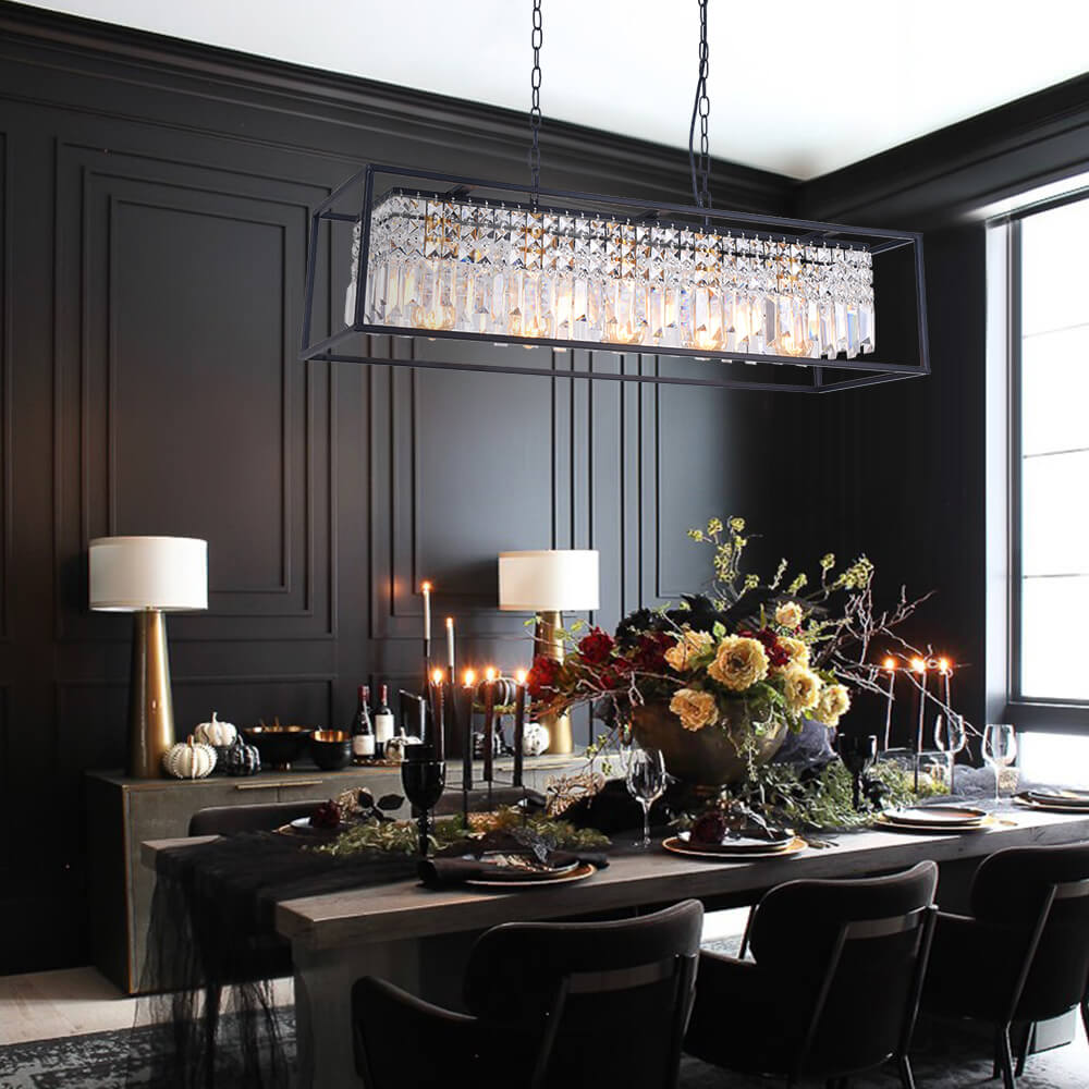 Linear Five-Light Hanging Fixture Black Metal Crystal Glass 35 inch for Kitchen Island Dining Room Table Adjustable Drop Ceiling Lamp Modern