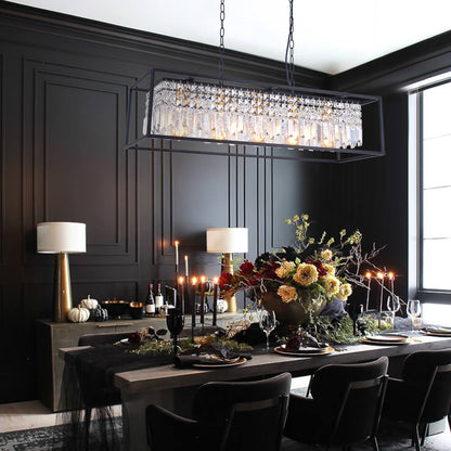 Linear Five-Light Hanging Fixture Black Metal Crystal Glass 35 inch for Kitchen Island Dining Room Table Adjustable Drop Ceiling Lamp Modern