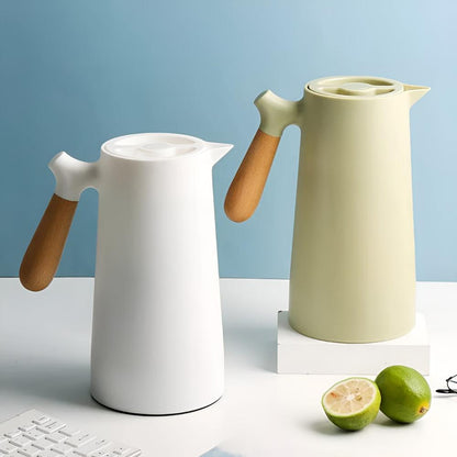 Insulated Thermal Carafe | Double Wall Beverage Server with Wood Handle | 1L Capacity for Hot and Cold Drinks
