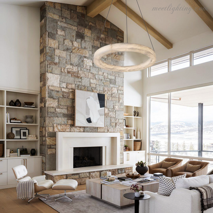 Circular Alabaster LED Ceiling Light with Brass Frame for Dining Room & Living Room | Modern Flush Mount Fixture