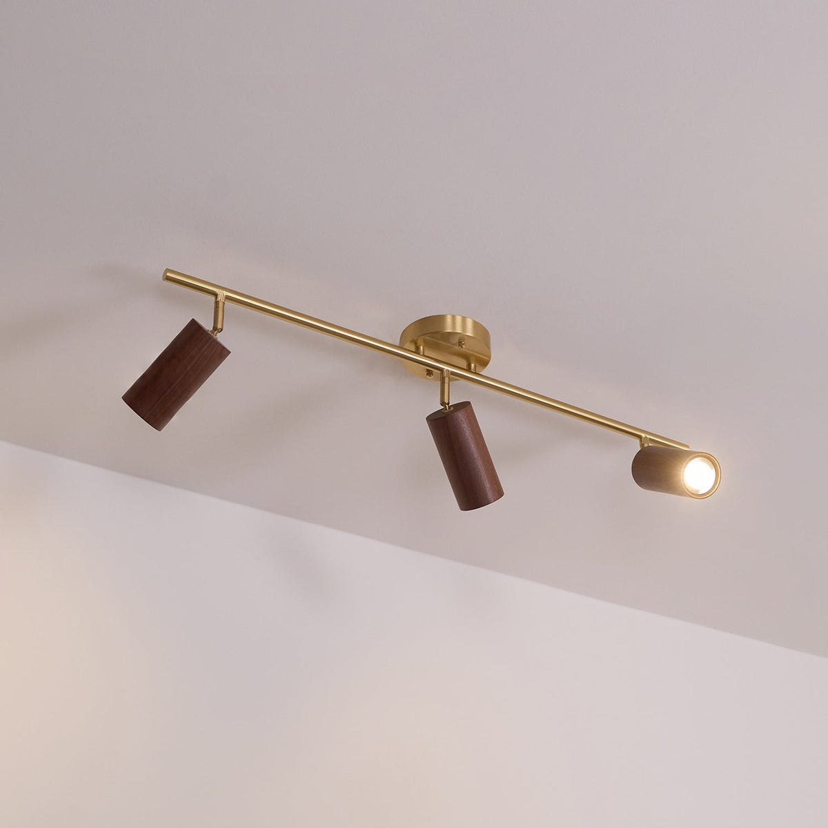 Pivoting Rail Ceiling Light Fixture with Walnut & Brass in Gold — Directional Spotlight Bar for Kitchens, Dens & Entryways — E26 Socket Spot