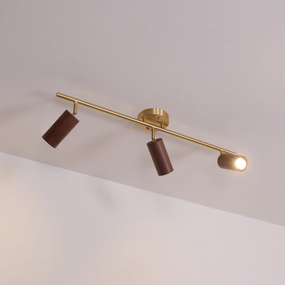 Pivoting Rail Ceiling Light Fixture with Walnut & Brass in Gold — Directional Spotlight Bar for Kitchens, Dens & Entryways — E26 Socket Spot