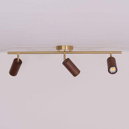 Pivoting Rail Ceiling Light Fixture with Walnut & Brass in Gold — Directional Spotlight Bar for Kitchens, Dens & Entryways — E26 Socket Spot