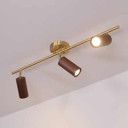 Pivoting Rail Ceiling Light Fixture with Walnut & Brass in Gold — Directional Spotlight Bar for Kitchens, Dens & Entryways — E26 Socket Spot