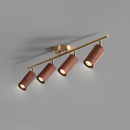 Pivoting Rail Ceiling Light Fixture with Walnut & Brass in Gold — Directional Spotlight Bar for Kitchens, Dens & Entryways — E26 Socket Spot