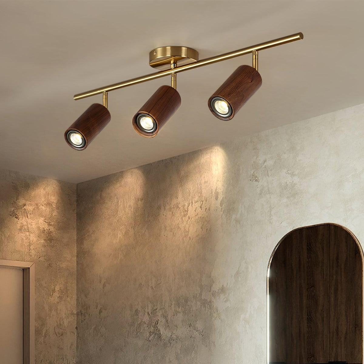Pivoting Rail Ceiling Light Fixture with Walnut & Brass in Gold — Directional Spotlight Bar for Kitchens, Dens & Entryways — E26 Socket Spot