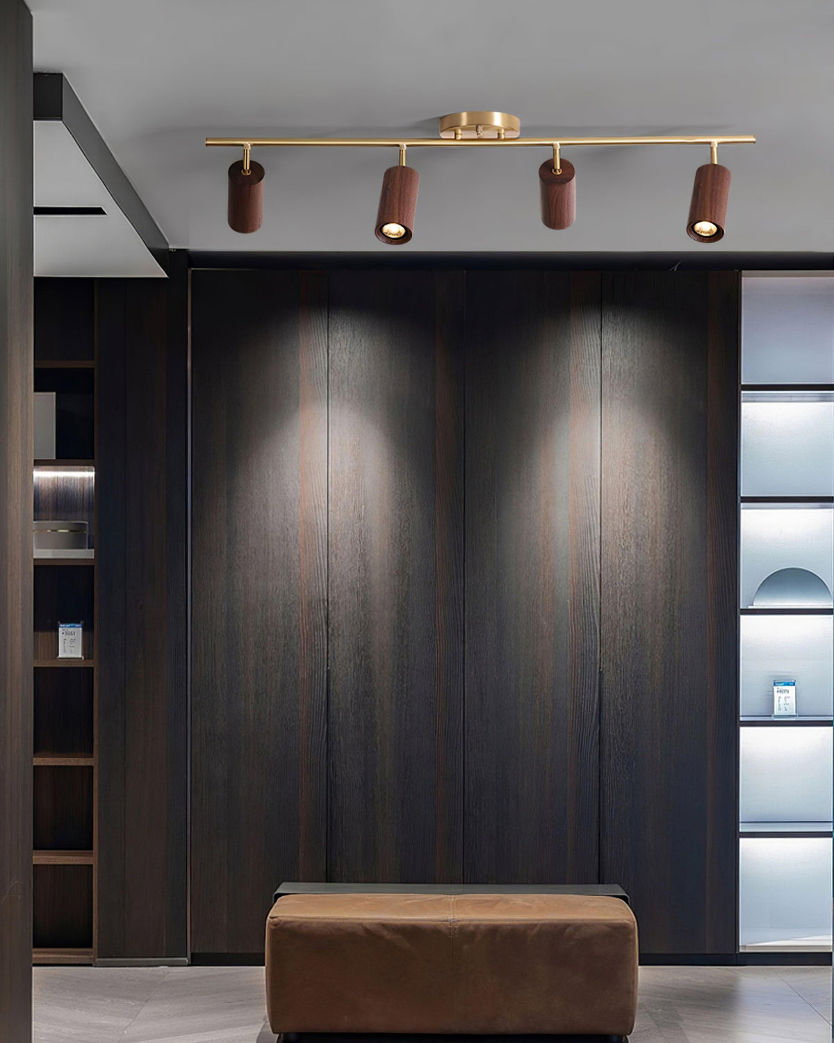Pivoting Rail Ceiling Light Fixture with Walnut & Brass in Gold — Directional Spotlight Bar for Kitchens, Dens & Entryways — E26 Socket Spot