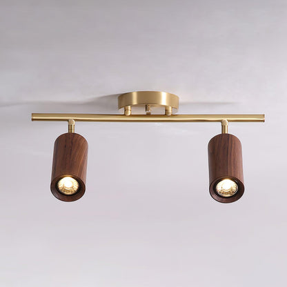 Pivoting Rail Ceiling Light Fixture with Walnut & Brass in Gold — Directional Spotlight Bar for Kitchens, Dens & Entryways — E26 Socket Spot