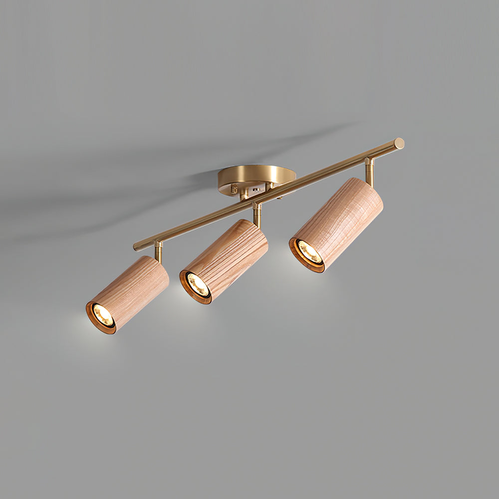Pivoting Rail Ceiling Light Fixture with Walnut & Brass in Gold — Directional Spotlight Bar for Kitchens, Dens & Entryways — E26 Socket Spot