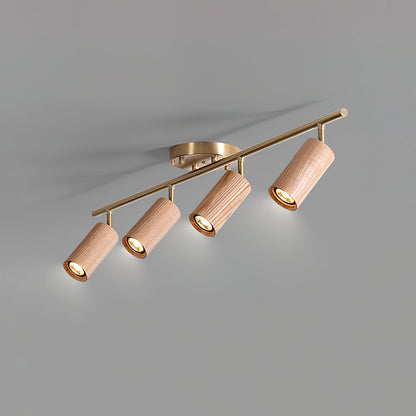 Pivoting Rail Ceiling Light Fixture with Walnut & Brass in Gold — Directional Spotlight Bar for Kitchens, Dens & Entryways — E26 Socket Spot