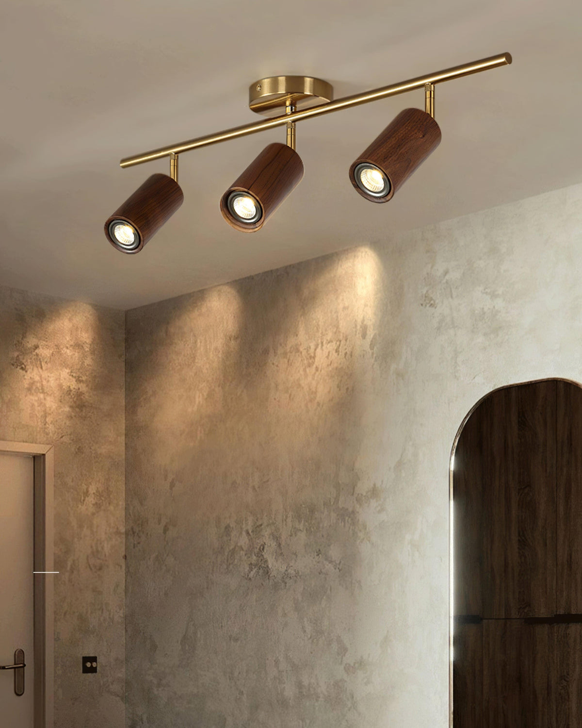 Pivoting Rail Ceiling Light Fixture with Walnut & Brass in Gold — Directional Spotlight Bar for Kitchens, Dens & Entryways — E26 Socket Spot