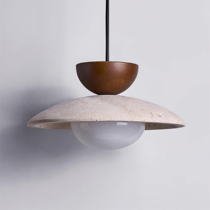Travertine Glass Hanging Light Fixture with Wood Accent for Kitchen Island Dining Room Overhead Suspension Lamp Adjustable Cord Ceiling Moun