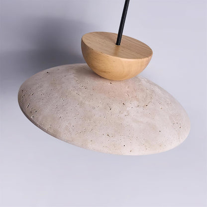 Travertine Stone Pendant Light with Wood Accent for Dining Room & Kitchen Island | Natural Glass Shade Hanging Ceiling Lamp