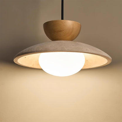 Travertine Stone Pendant Light with Wood Accent for Dining Room & Kitchen Island | Natural Glass Shade Hanging Ceiling Lamp